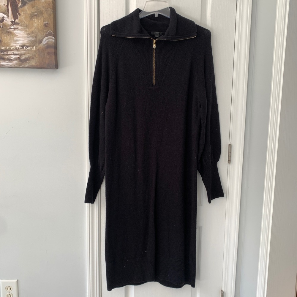 J.Crew Merino Wool Alpaca Blend Half-Zip Sweater Dress Black BC496 Womens L